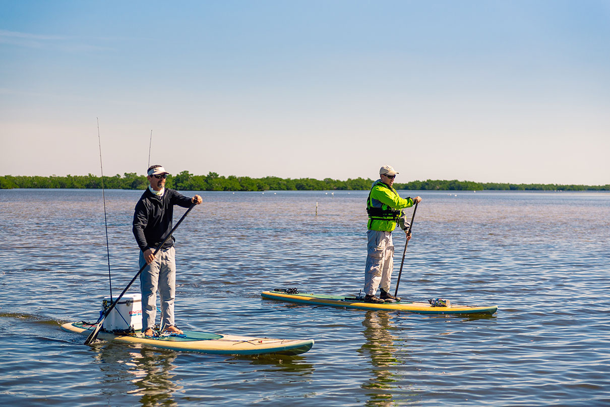 two men standup paddle with fishing gear along the Great Calusa Blueway paddling trail