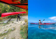 split-screen image of a person portaging a red canoe and a woman paddling a red kayak