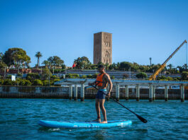 man stands and paddles a beginner paddleboard