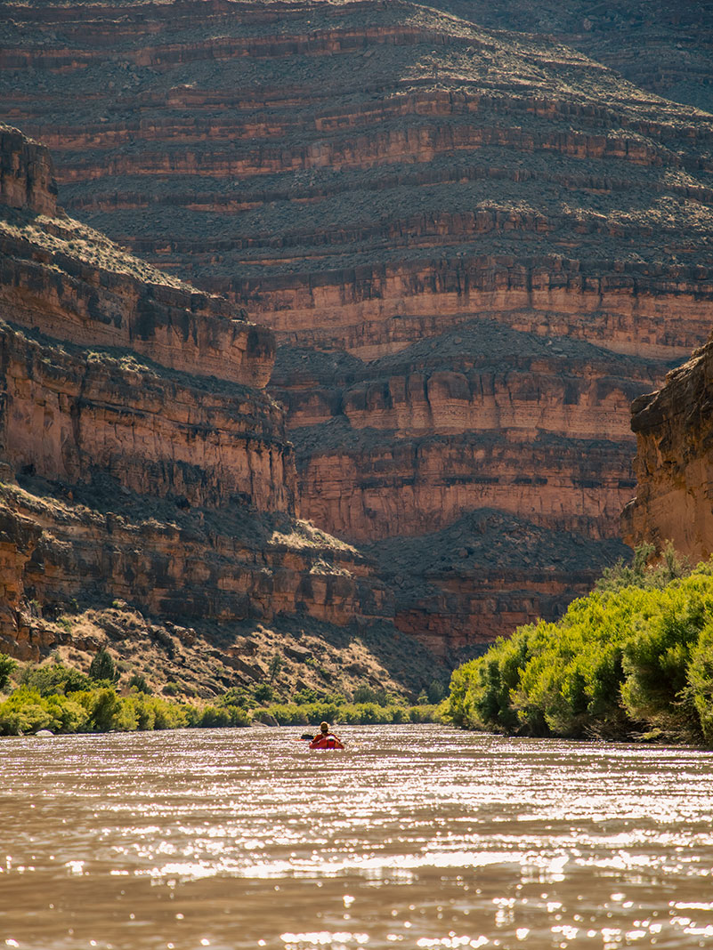 a paddler floats down the San Juan River in front of a towering cliff