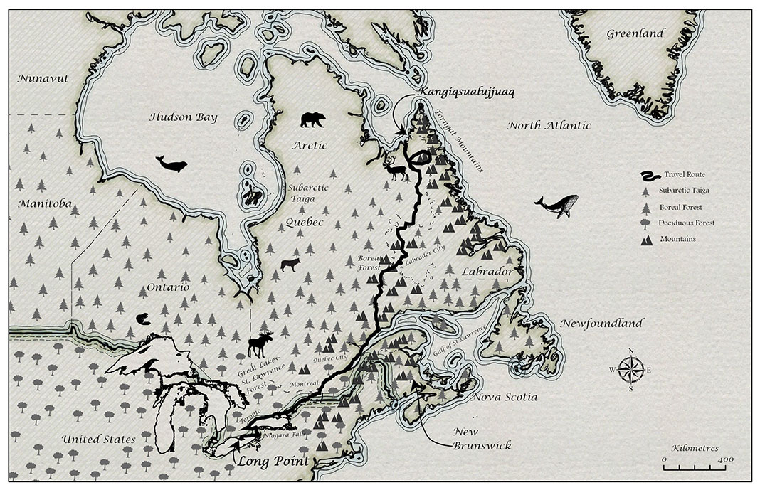 map of Adam Shoalts' canoe expedition from Where The Falcon Flies