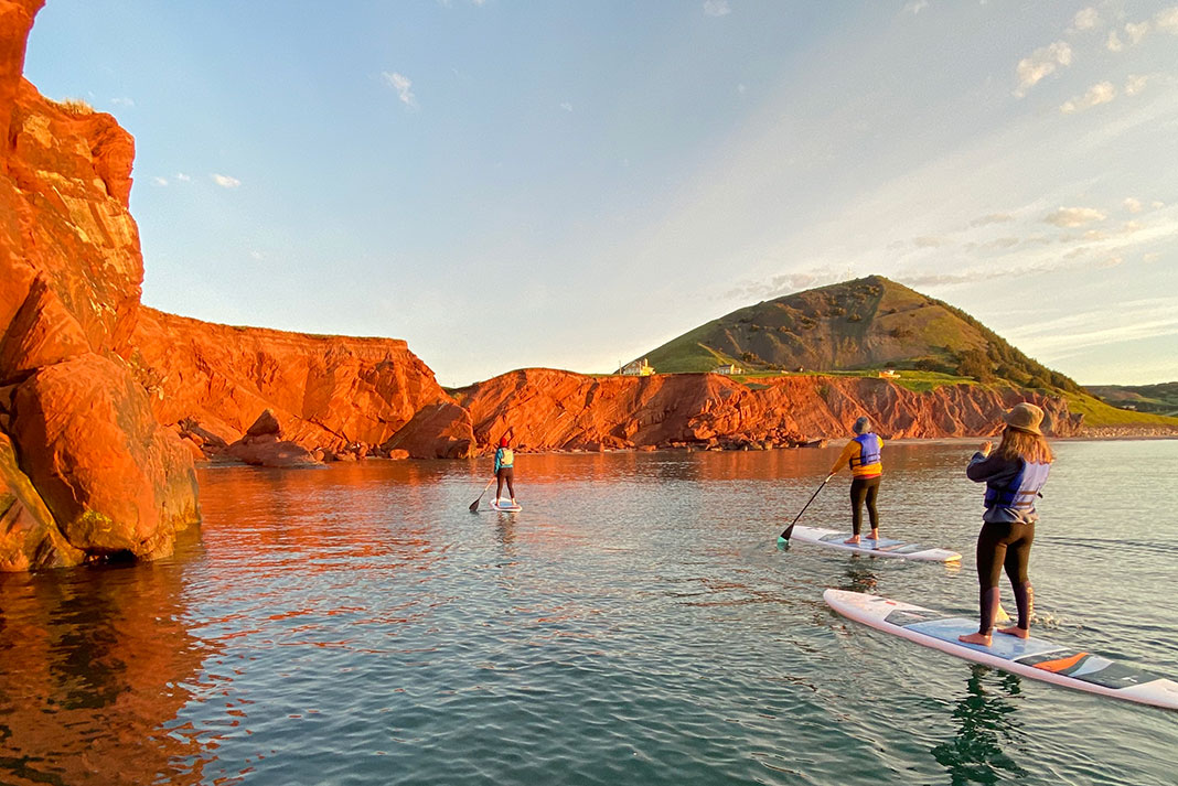 paddleboarders SUP along a red-rock cliff face