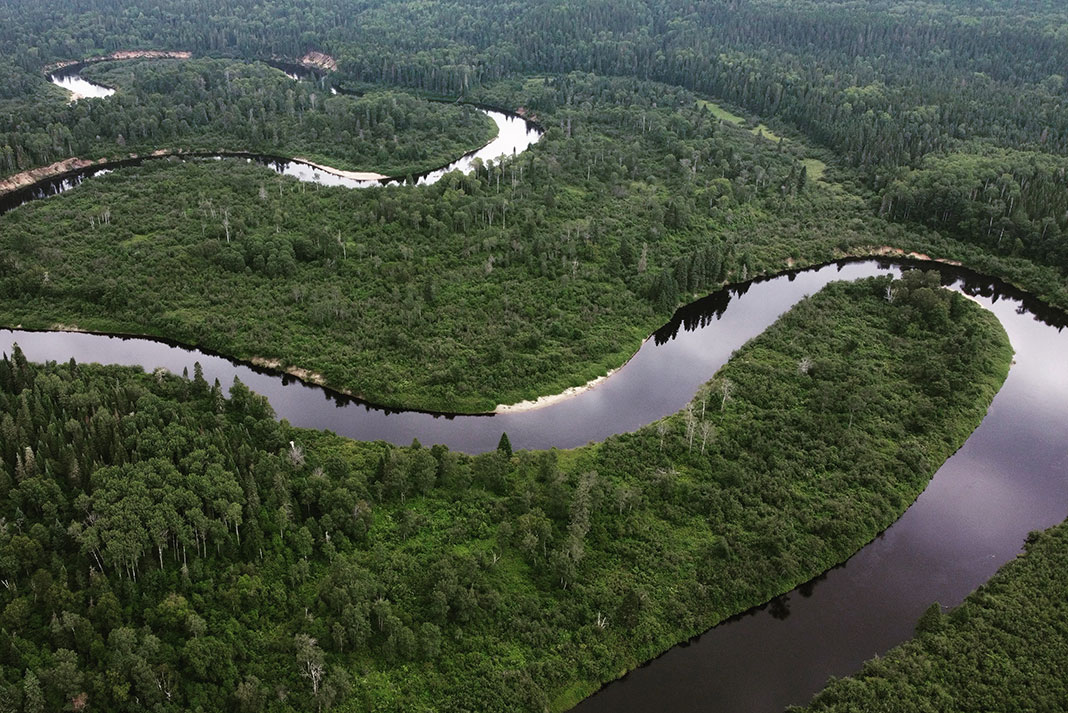 overhead view of the winding Riviere Croche in Quebec