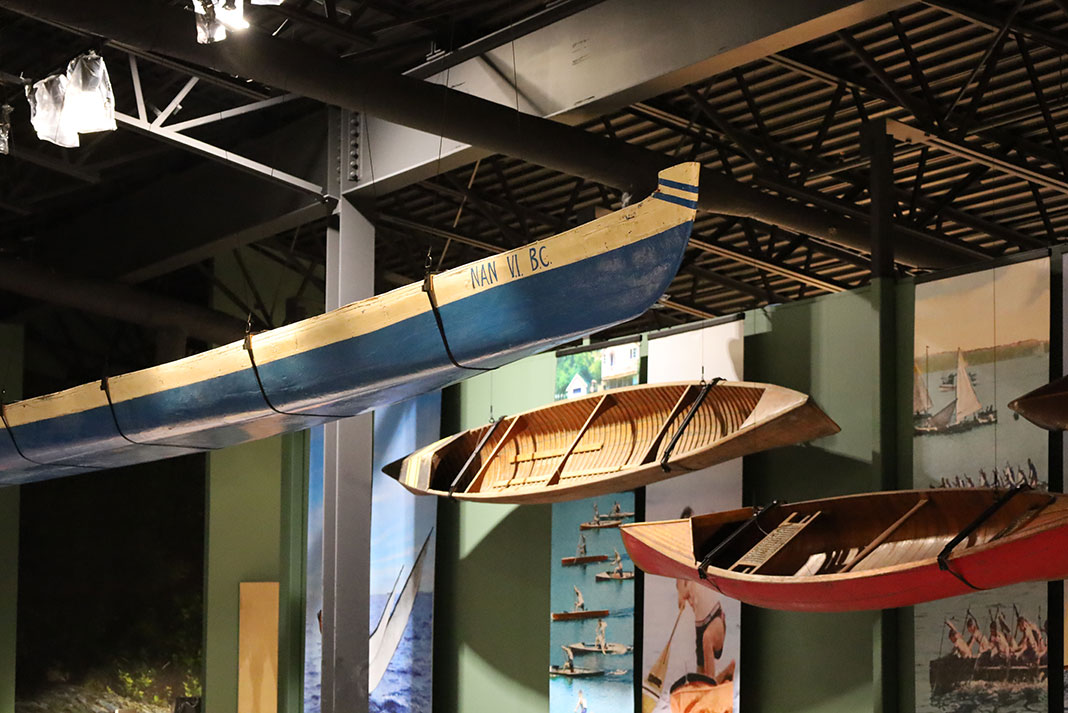 canoes hang from the ceiling inside the new Canadian Canoe Museum