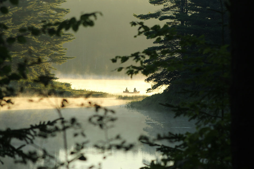 canoeists paddle on a misty Ontario lake in Algonquin Park