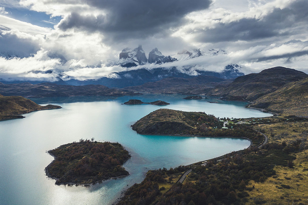 scenic view of water and mountains on a cloudy day in Patagonia