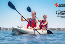 two women paddle a tandem kayak on a sunny day while wearing Stohlquist PFDs, recently acquired by Sport Dimension
