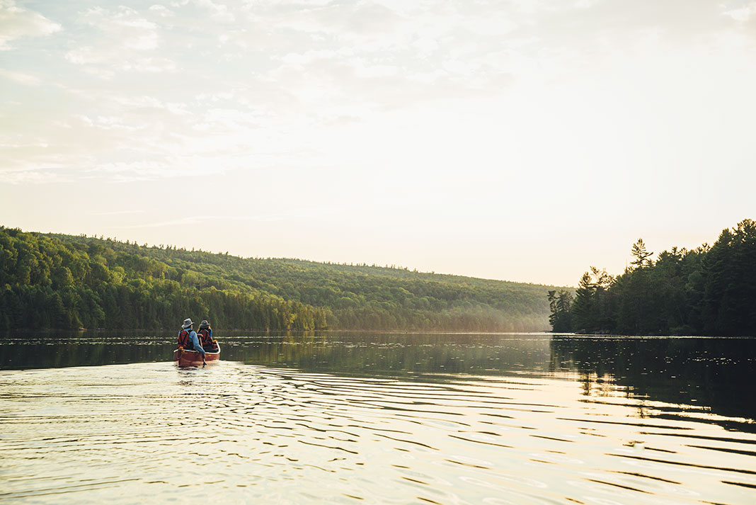 canoeists paddle on an Ontario lake in summer