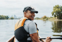 a portrait of kayaker Devin Brown on the water before she embarks on her Mississippi River expedition