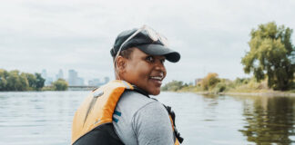 a portrait of kayaker Devin Brown on the water before she embarks on her Mississippi River expedition