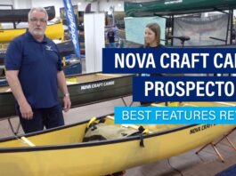 people stand beside the Nova Craft Prospector 14 at Canoecopia