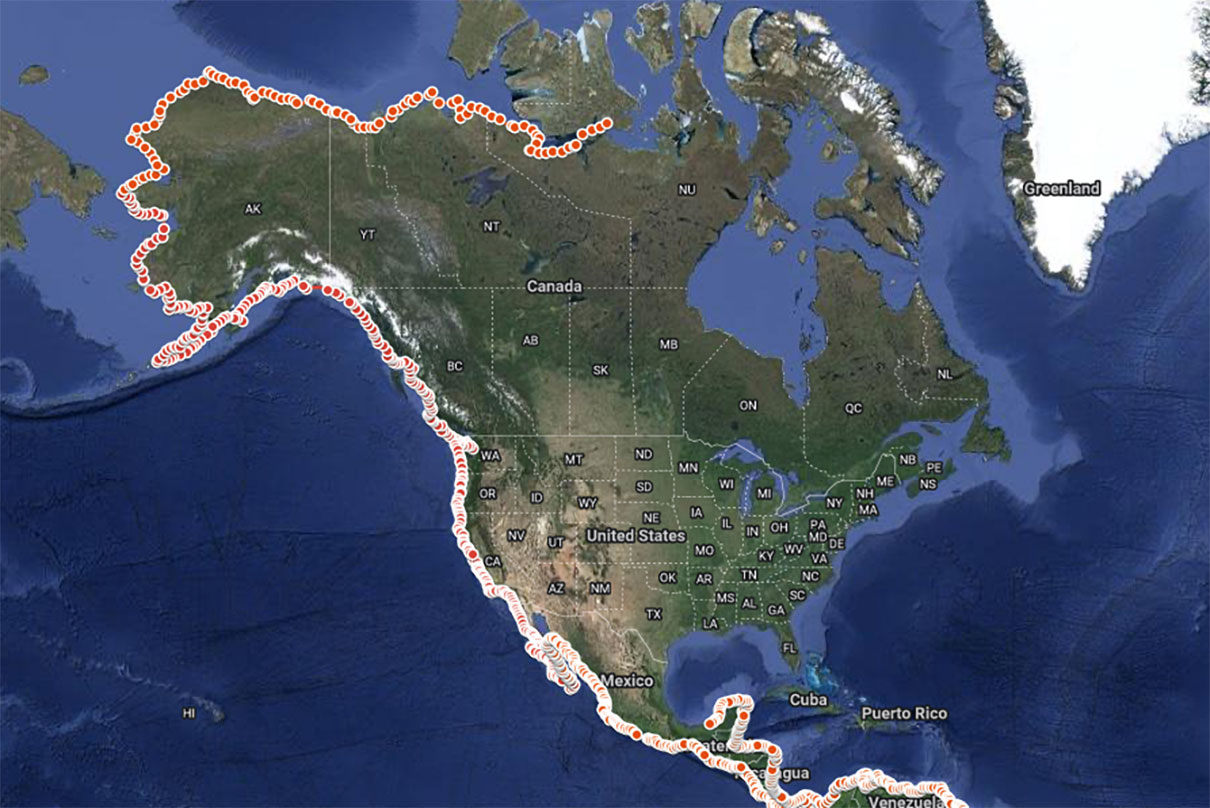 a map of Freya Hoffmeister's ongoing circumnavigation of the Americas