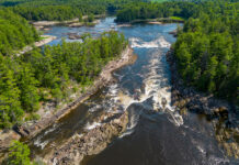 overhead view of people paddling through rapids on the Ottawa River