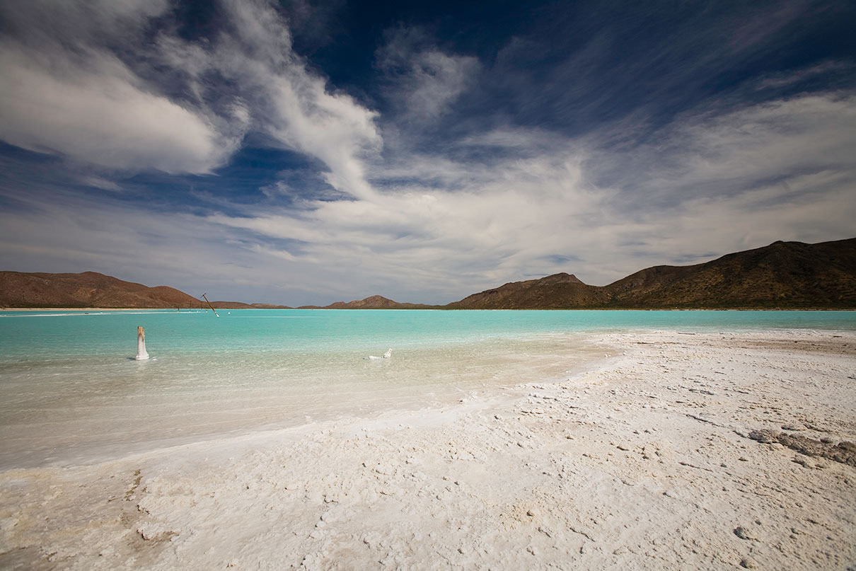 white sand beach on one side of the Baja peninsula