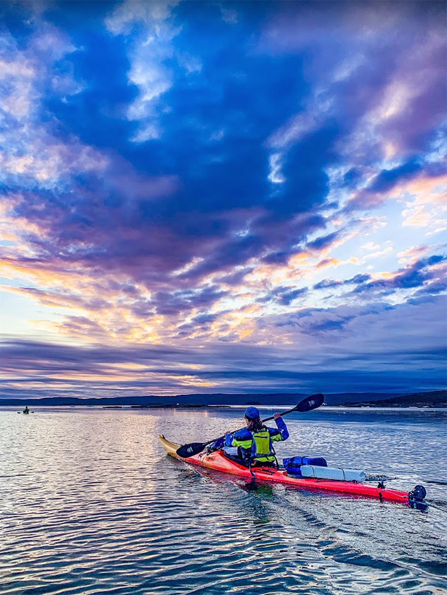 The author sets off into a colorful sunrise in Ungava Bay