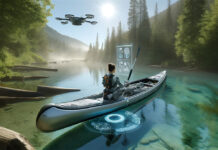 a woman in the future wilderness canoeing with aid of drone and augmented reality interface