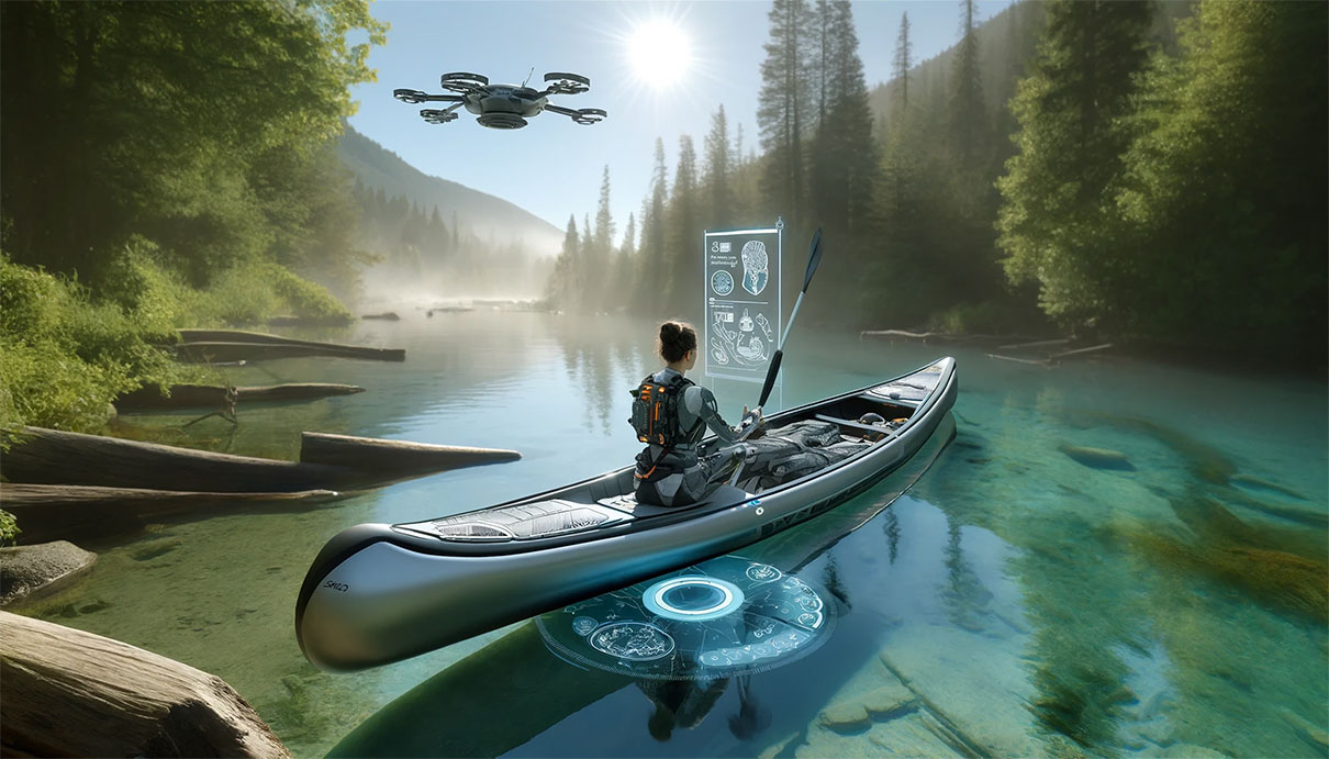 a woman in the future wilderness canoeing with aid of drone and augmented reality interface